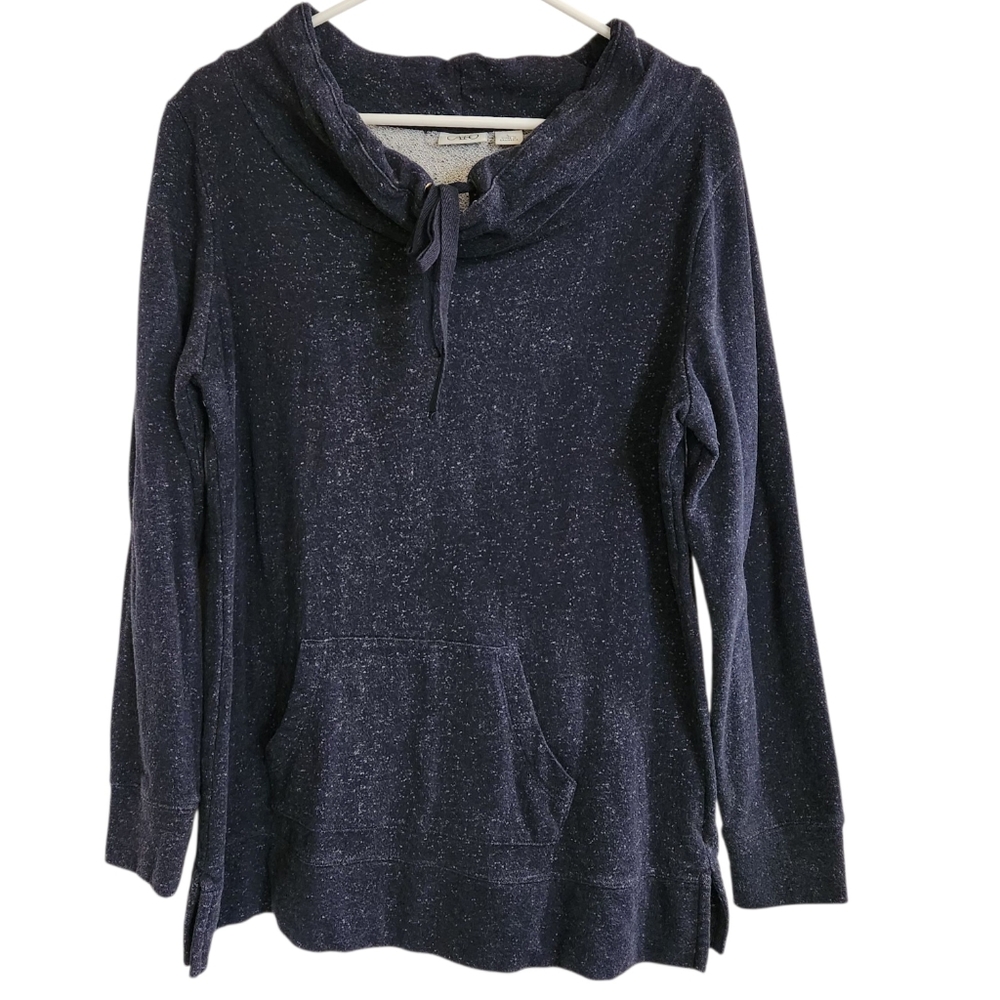 Cato Womens Size L Navy Blue Cowl Neck Sweatshirt Kangaroo Pockets Speckled